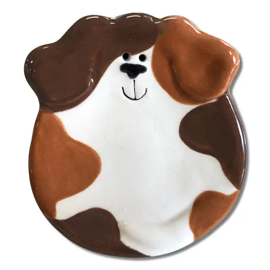Ceramic Dog Dish (White, Tan & Dark Brown) Spots