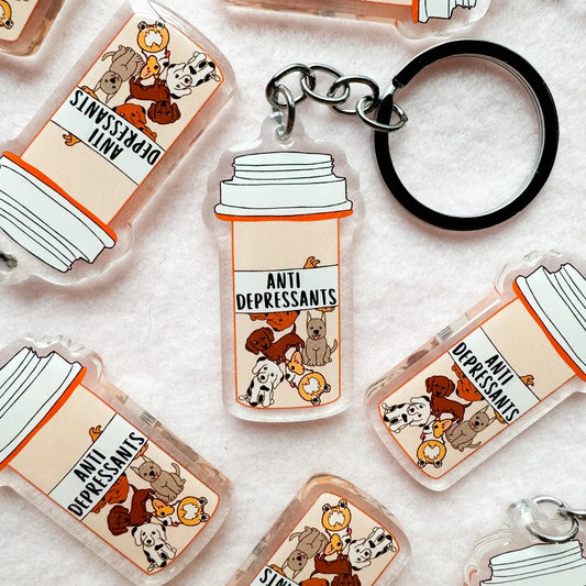 “Anti Depressants” Pill Bottle Dog Keychain