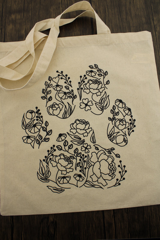 Black & White Floral Dog Paw Tote